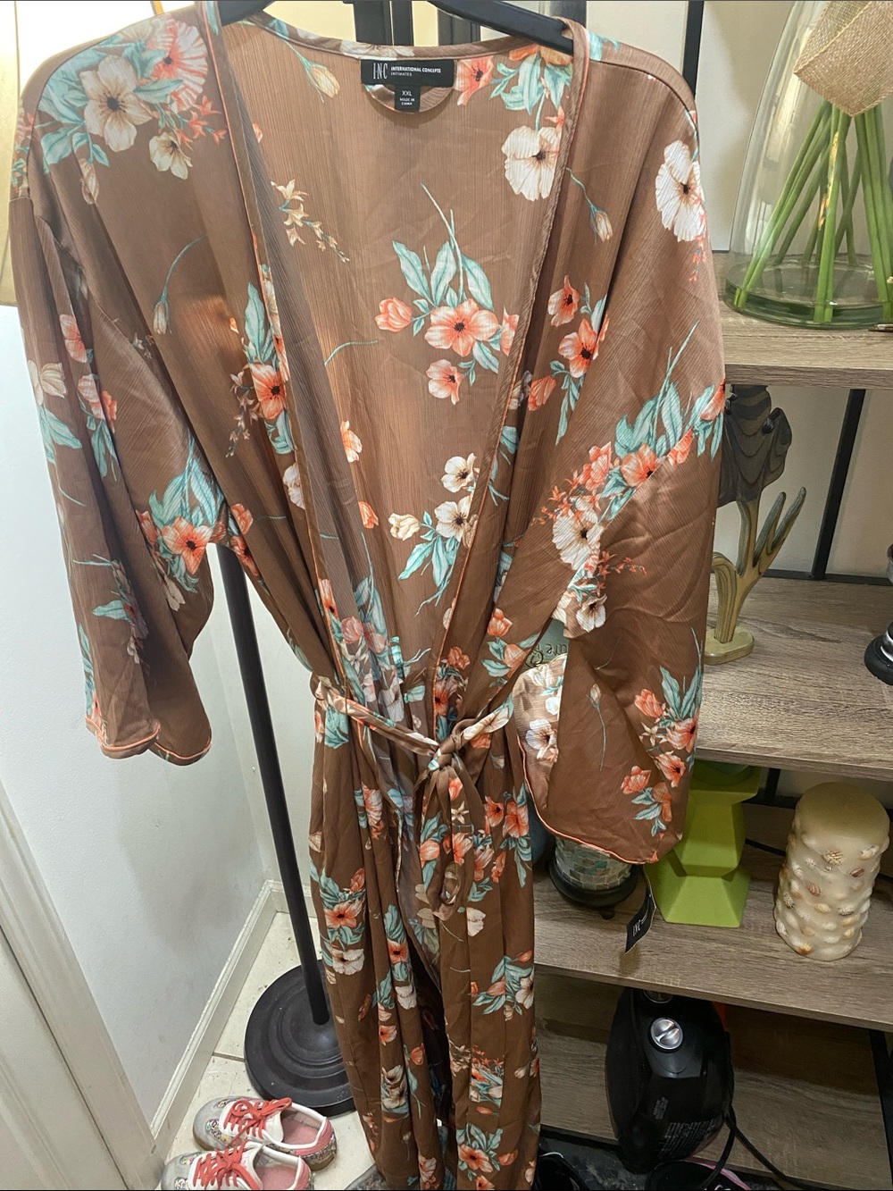 INC International Concepts Brown Floral Kimono with Teal and Coral Accents